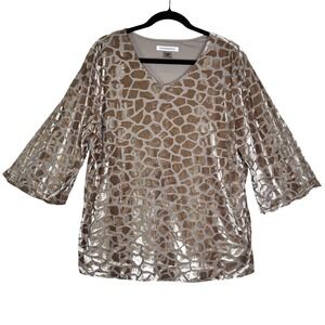 Alison‎ Daley Shirt Womens XL Brown Giraffe Burnout Velvet V Neck 3/4 Sleeve